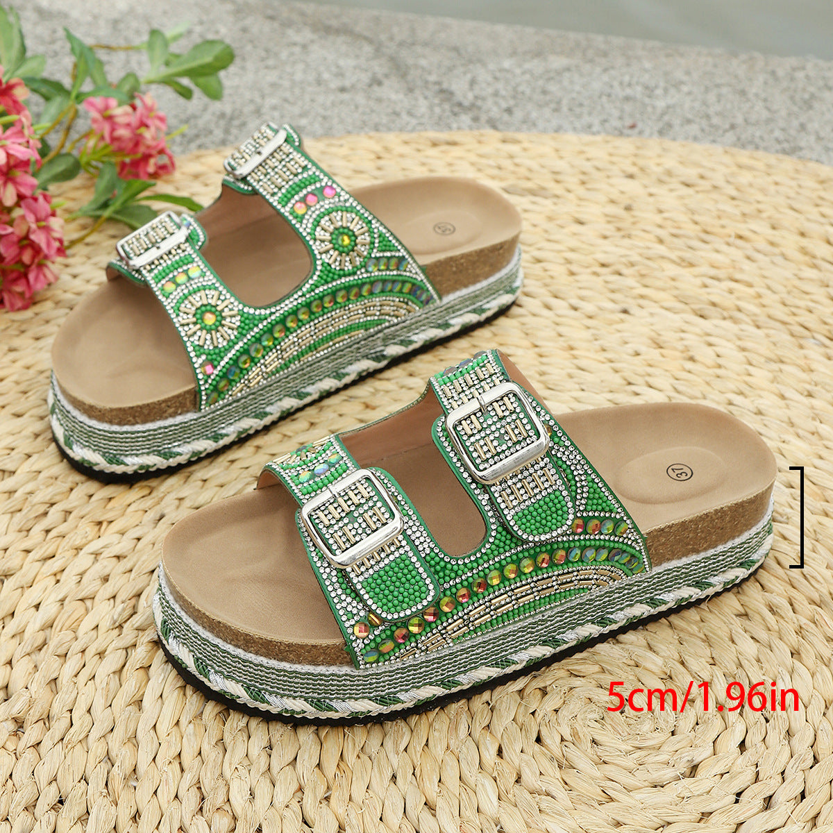 Women’s Calyra Rhinestone Platform Slide Sandals – Boho Metallic Buckle Rope Detail Resort Slides (US 5–10.5)