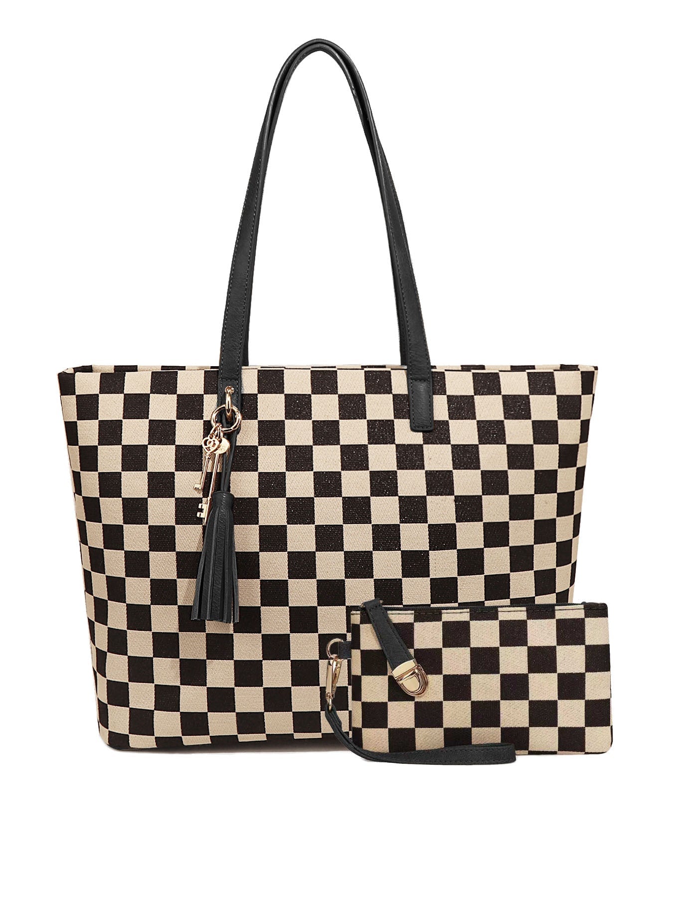 Ounamei Checkered Tote Bag for Women | Large Laptop Work Bag with Matching Pouch, Top Handle & Shoulder Carry