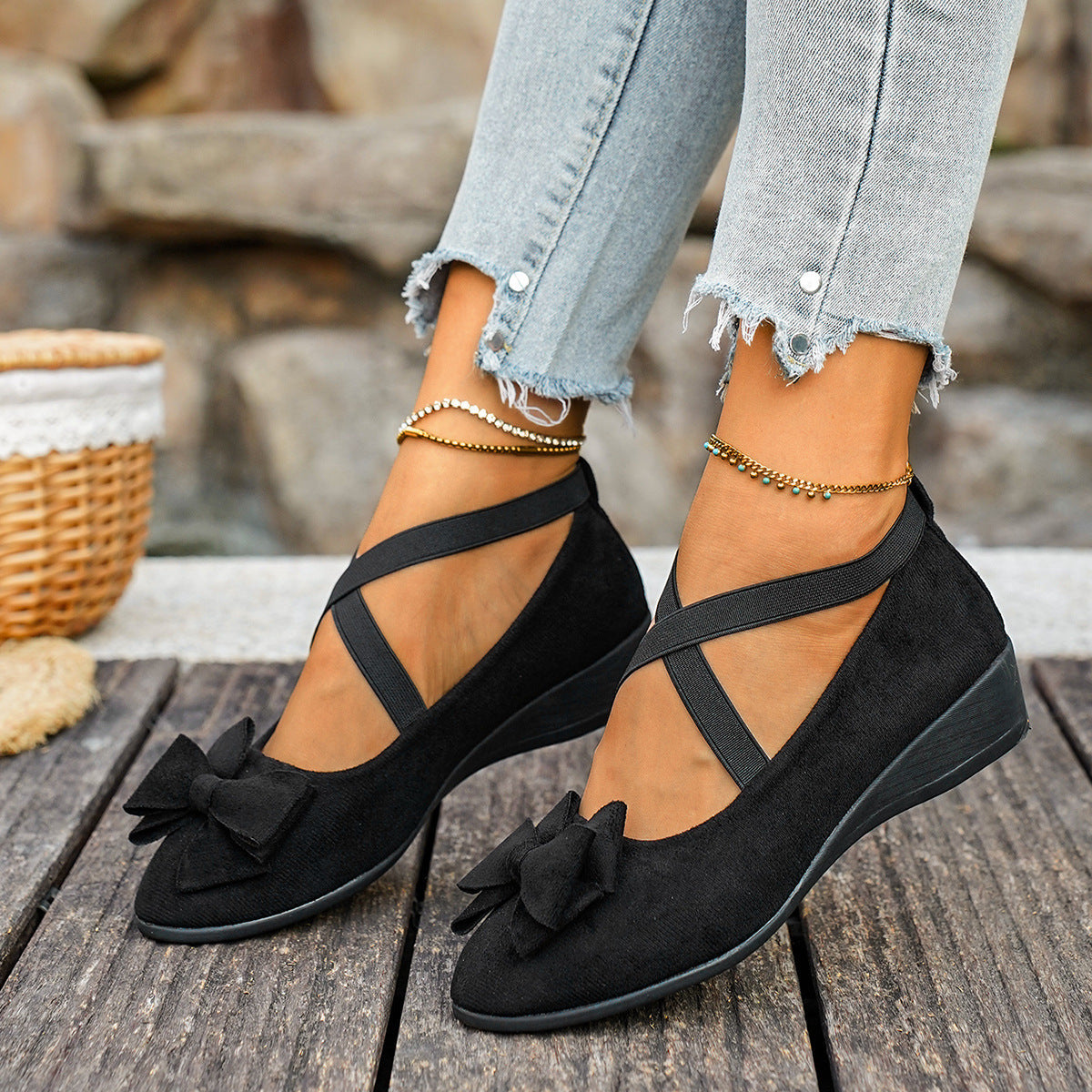 Women’s Elara Bow Suede Wedge Loafers – Elastic Cross-Strap Comfort Slip-Ons (US 5–10.5)