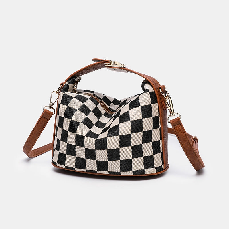 Ounamei Checkered Canvas Handbag with Leather Trim | Top Handle Shoulder & Crossbody Mini Box Bag