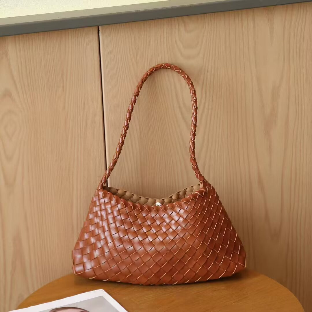 Women’s Genuine Leather Woven Heritage Tote – Handcrafted Vintage Shoulder & Underarm Bag, Minimalist Elegant Design
