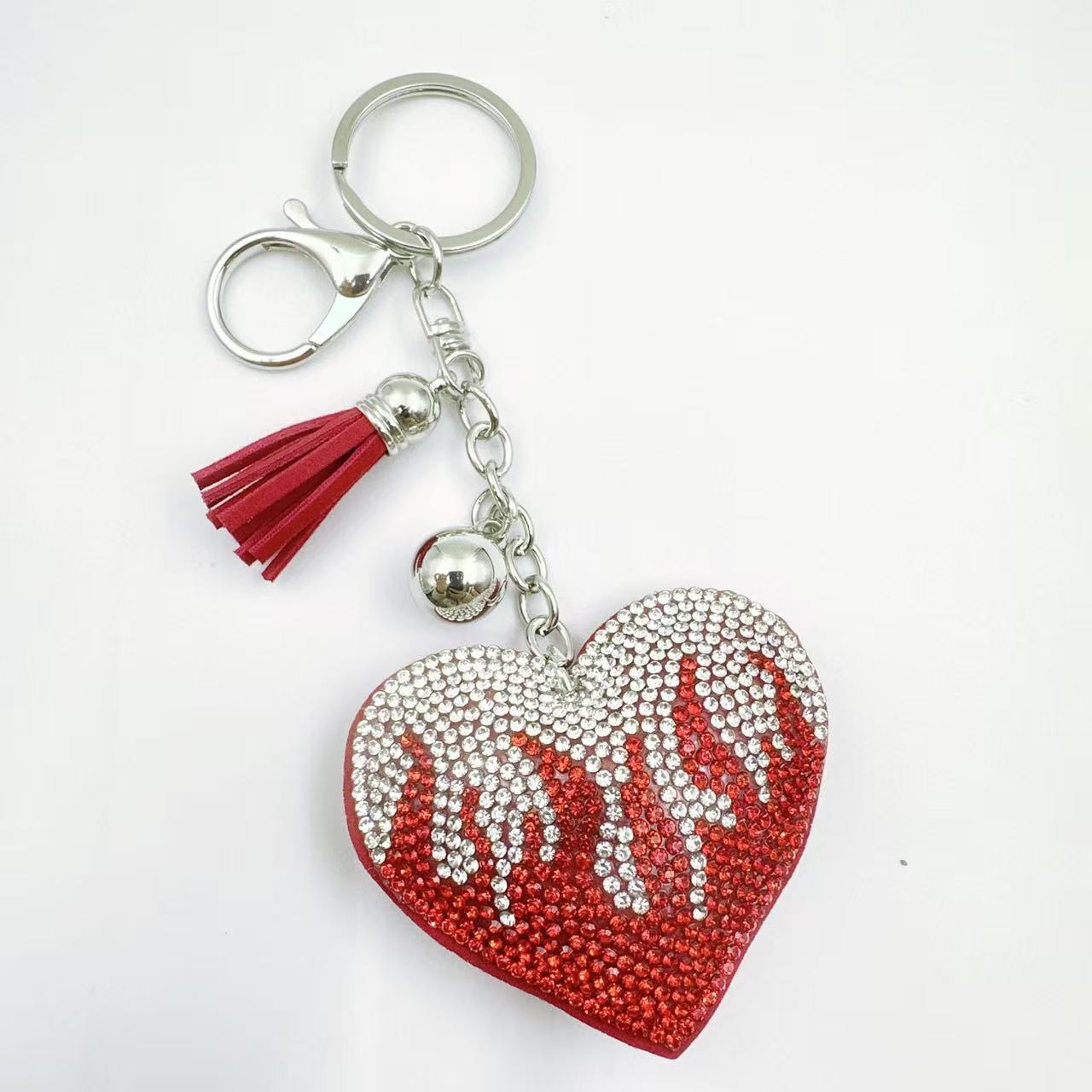 Ounamei Rhinestone Flaming Heart Keychain | Crystal Bling Tassel Bag Charm
