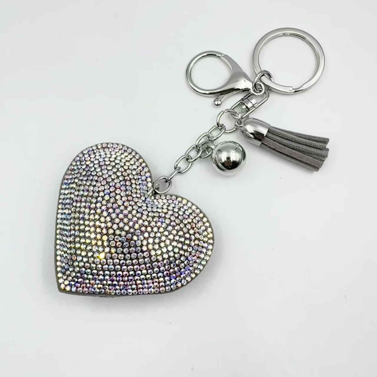 Ounamei Rhinestone Heart Keychain | Crystal Bling Tassel Bag Charm
