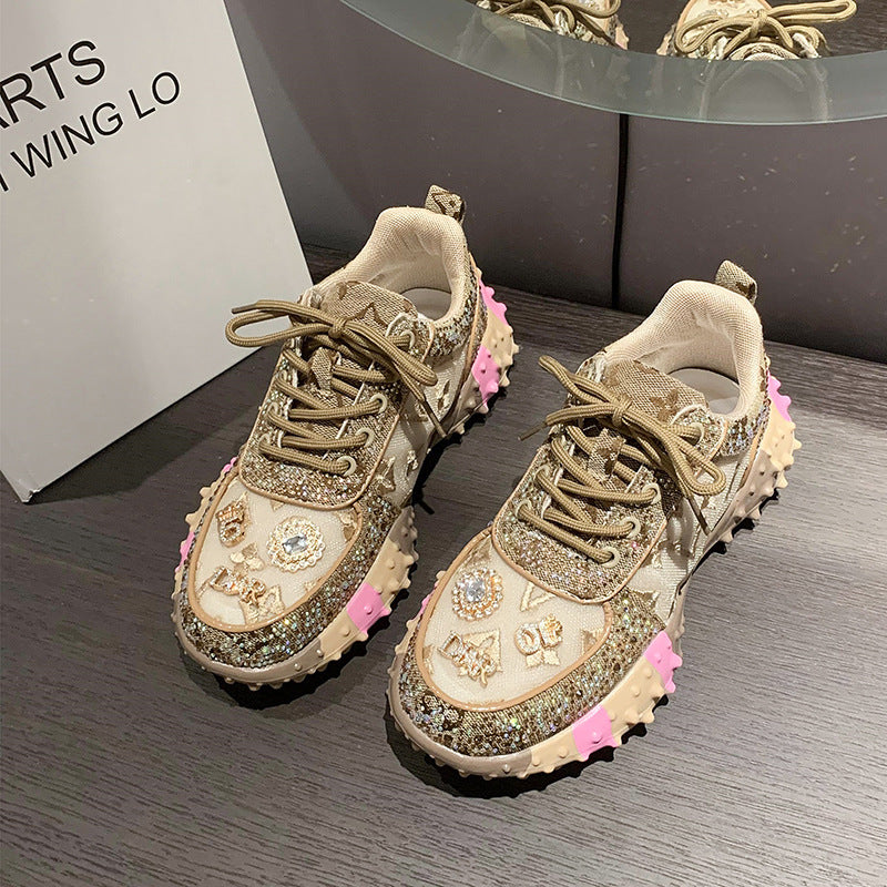 Women’s Lumira Embroidered Letter Mesh Platform Sneakers – Rhinestone Detail Chunky Sole Light Luxury Fashion Sneakers (US 4–10.5)