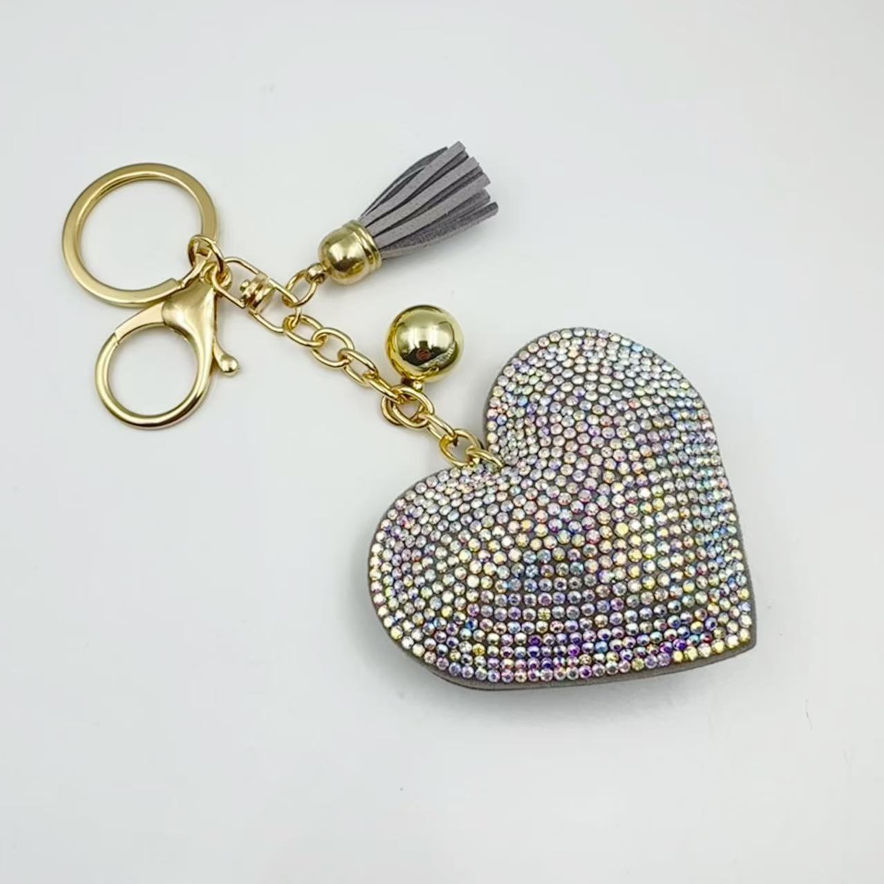 Ounamei Rhinestone Heart Keychain | Crystal Bling Tassel Bag Charm