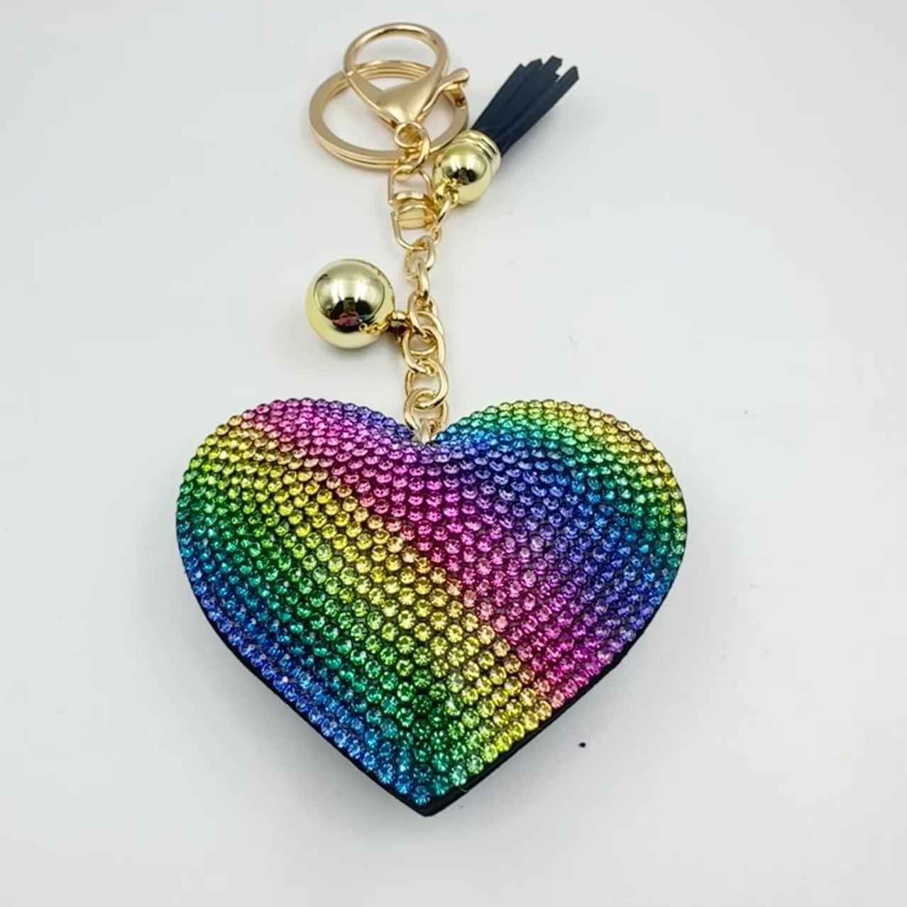 Ounamei Rhinestone Heart Keychain | Crystal Bling Tassel Bag Charm