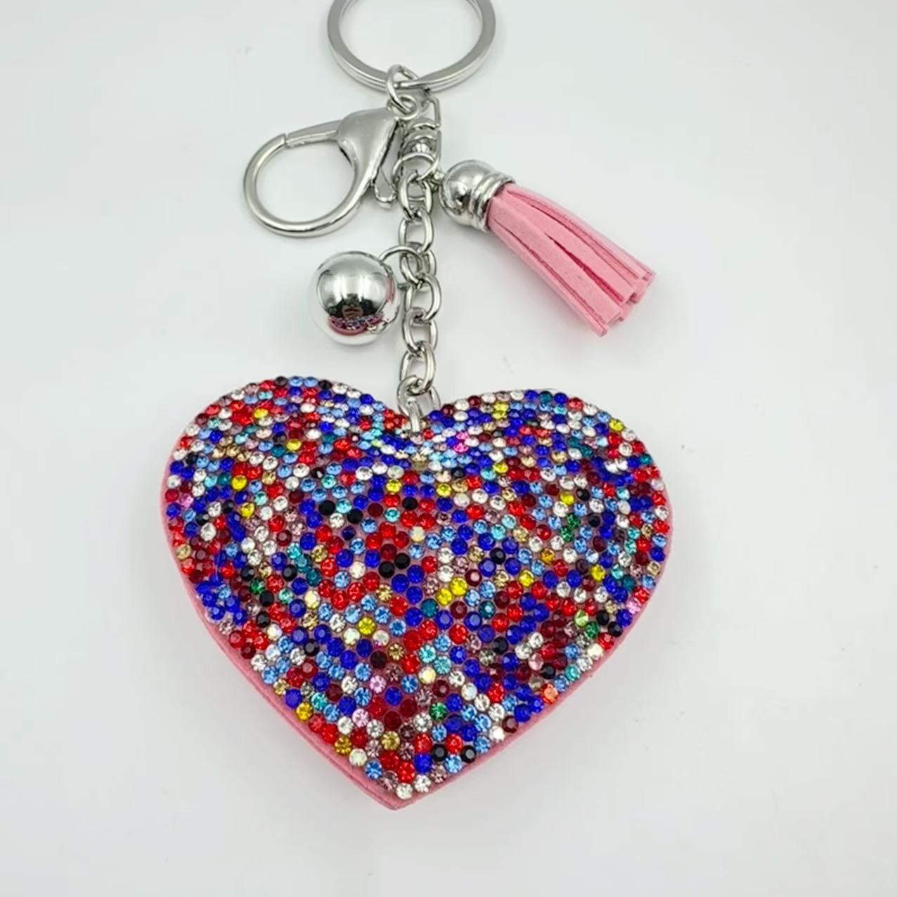 Ounamei Rhinestone Heart Keychain | Crystal Bling Tassel Bag Charm