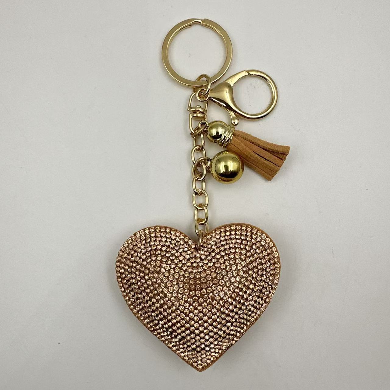 Ounamei Rhinestone Heart Keychain | Crystal Bling Tassel Bag Charm