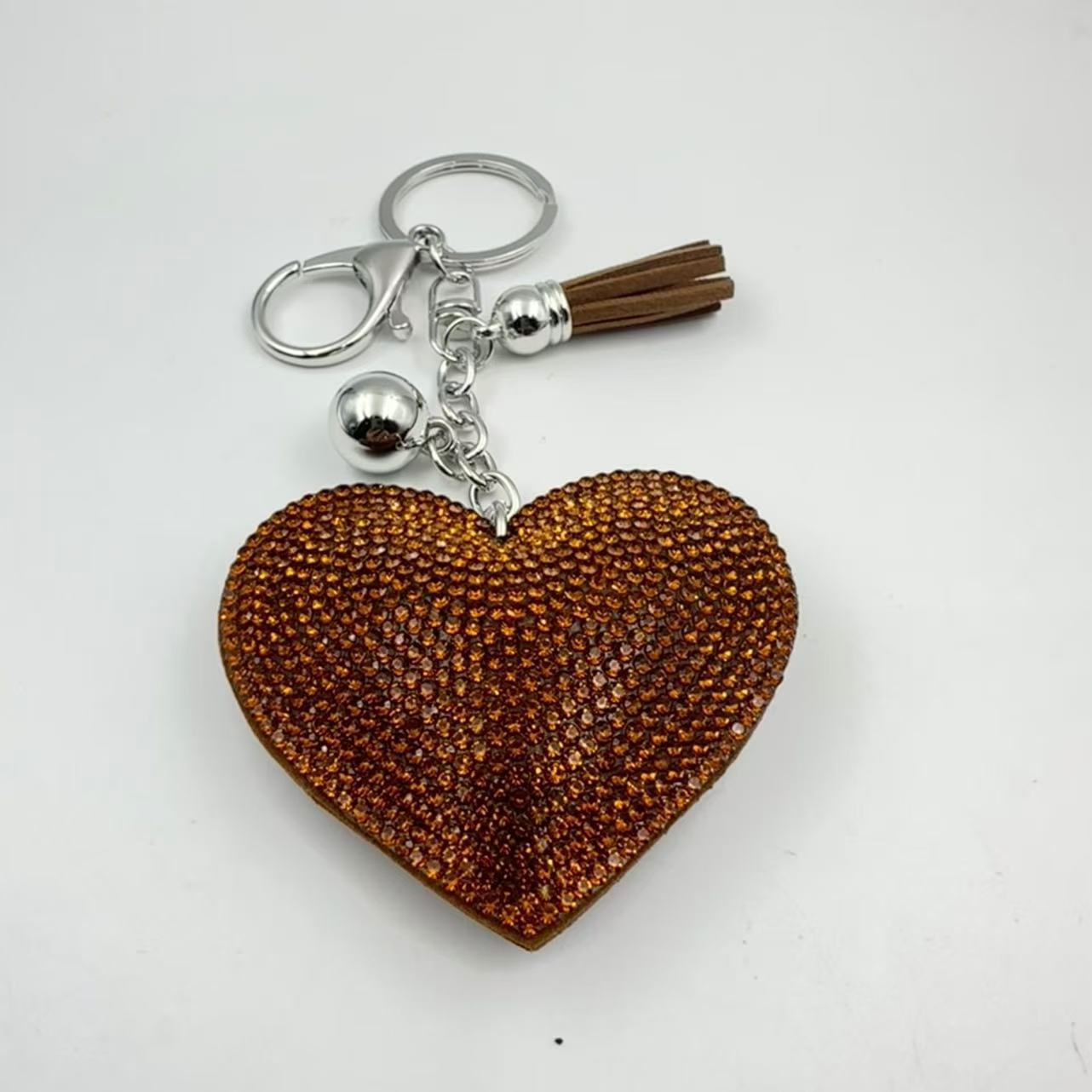 Ounamei Rhinestone Heart Keychain | Crystal Bling Tassel Bag Charm