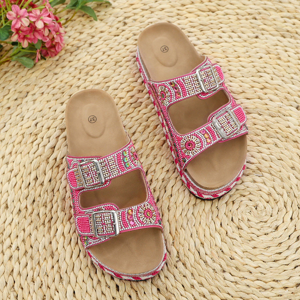 Women’s Calyra Rhinestone Platform Slide Sandals – Boho Metallic Buckle Rope Detail Resort Slides (US 5–10.5)