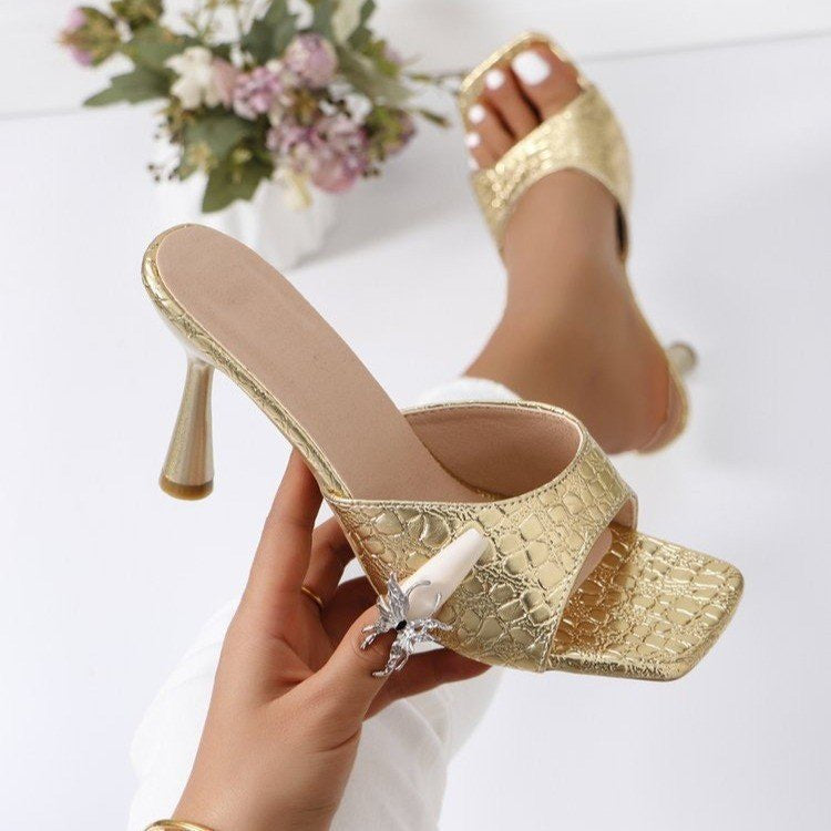 Women’s Pebble Peep-Toe Stiletto Slide Sandals – Pebble-Textured High Heel Fashion Mules (US5–10.5)