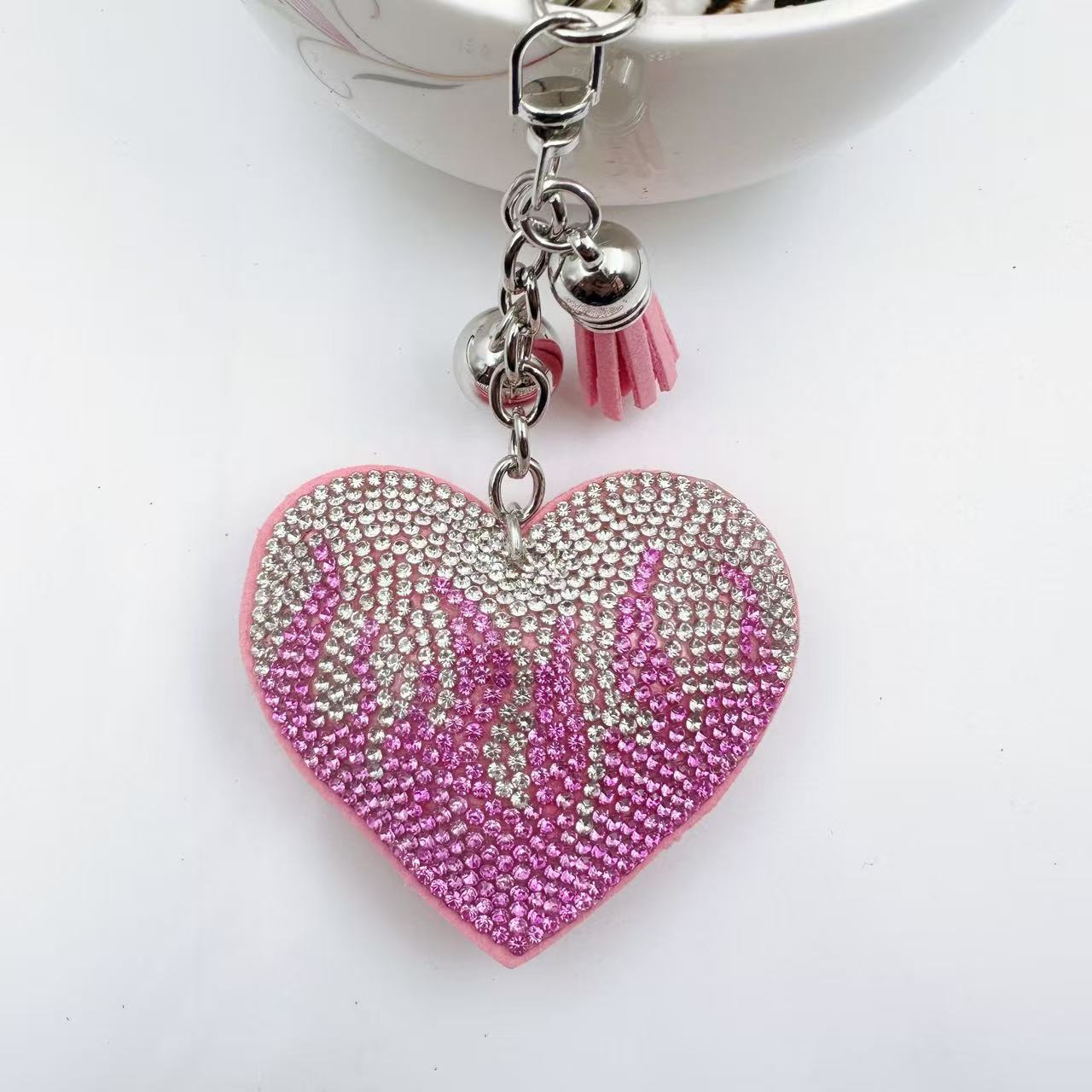 Ounamei Rhinestone Flaming Heart Keychain | Crystal Bling Tassel Bag Charm