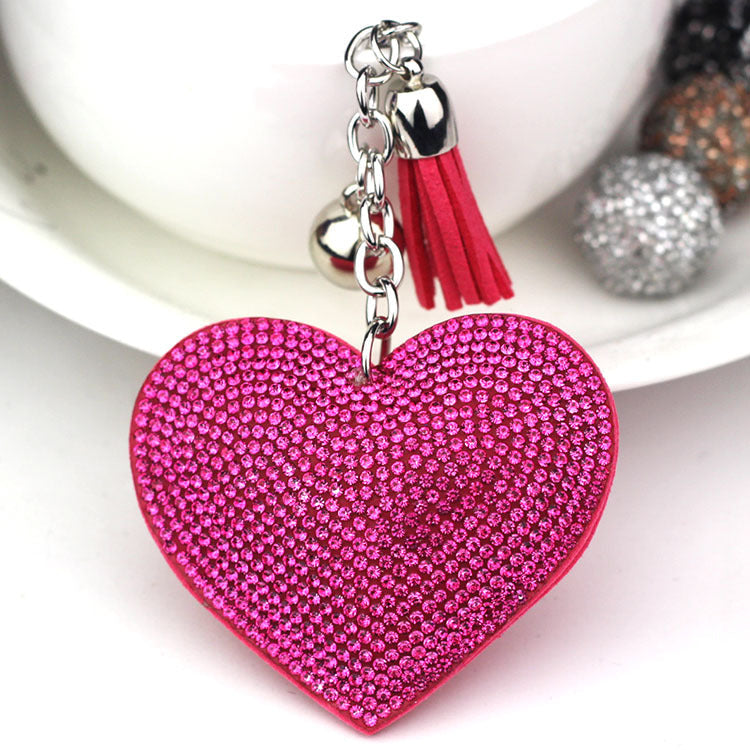 Ounamei Rhinestone Heart Keychain | Crystal Bling Tassel Bag Charm