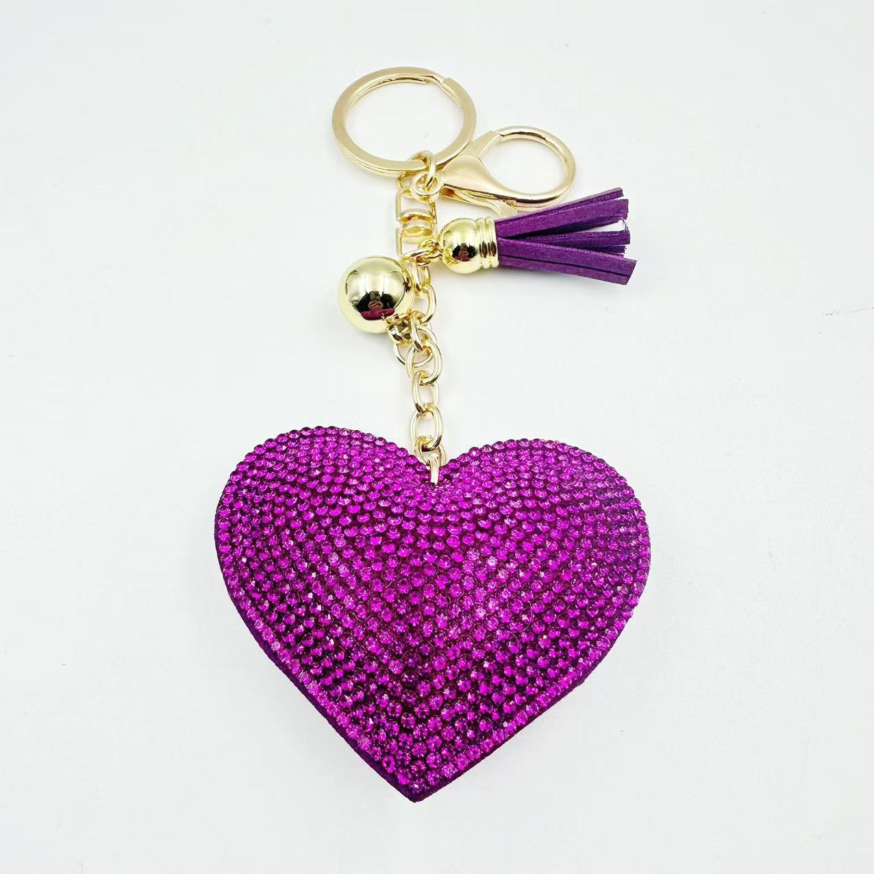 Ounamei Rhinestone Heart Keychain | Crystal Bling Tassel Bag Charm