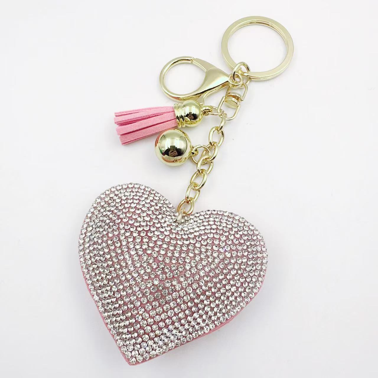 Ounamei Rhinestone Heart Keychain | Crystal Bling Tassel Bag Charm