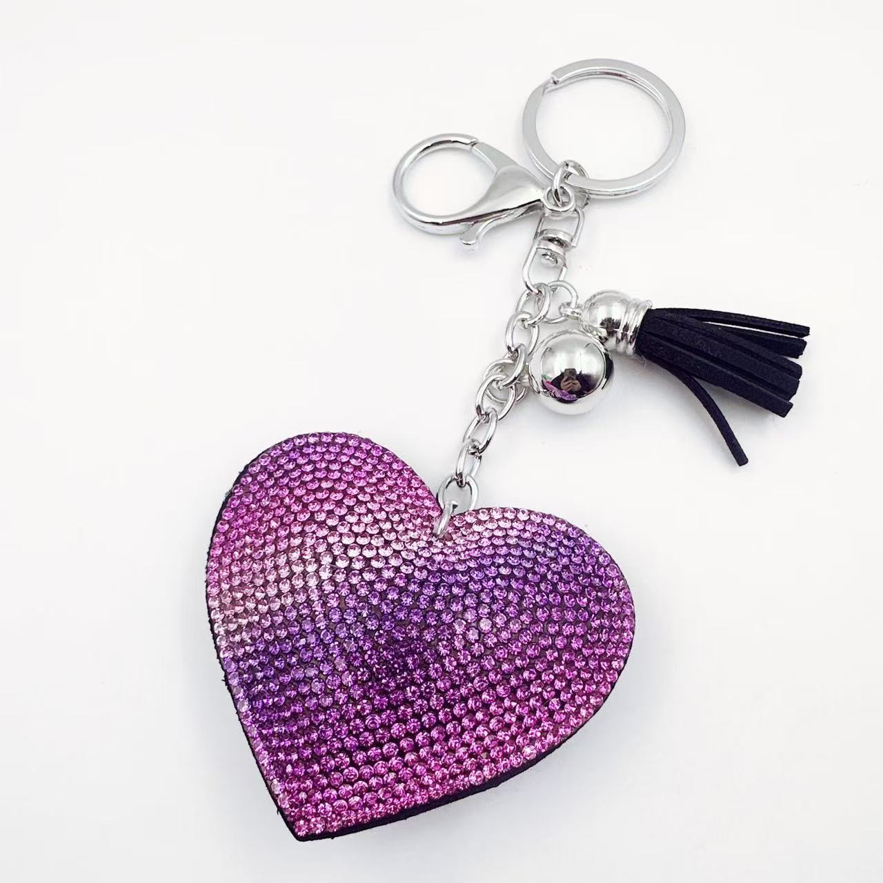 Ounamei Rhinestone Heart Keychain | Crystal Bling Tassel Bag Charm