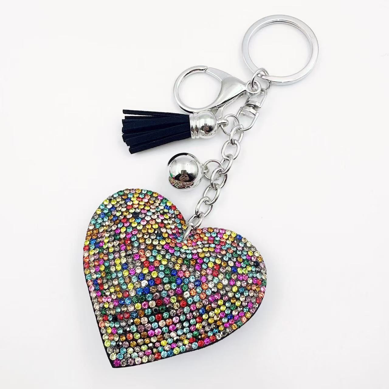 Ounamei Rhinestone Heart Keychain | Crystal Bling Tassel Bag Charm