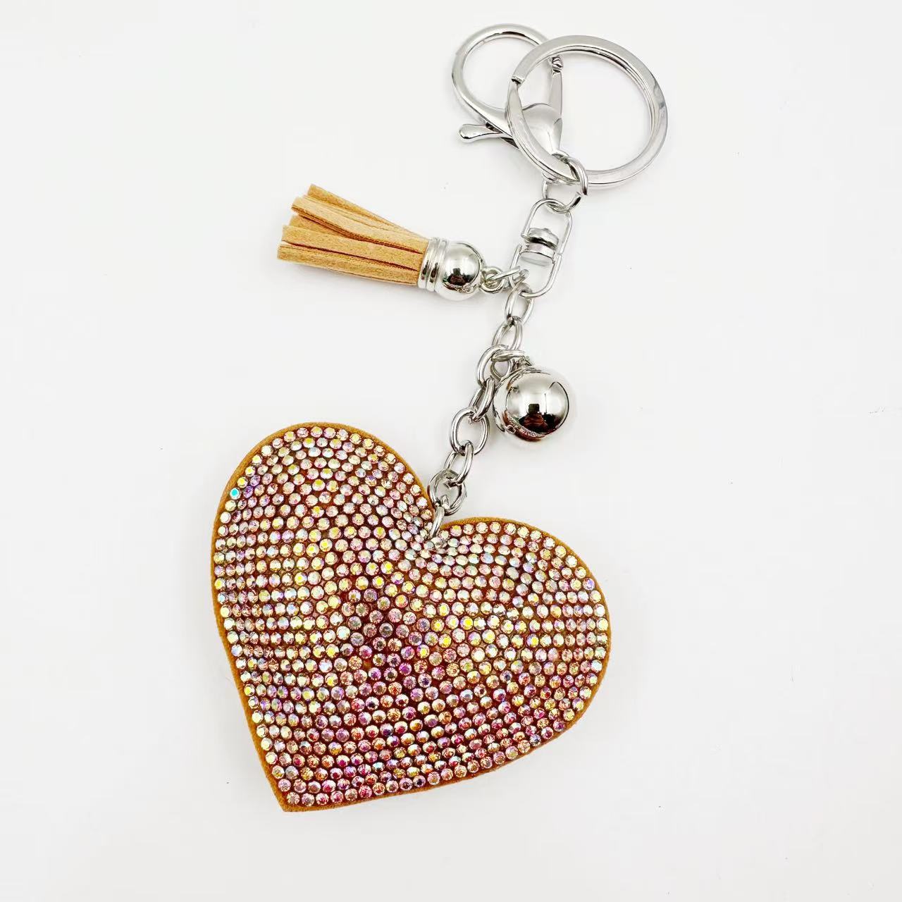 Ounamei Rhinestone Heart Keychain | Crystal Bling Tassel Bag Charm