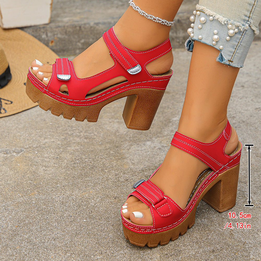 Women’s Velora Stitch Detail Platform Block Heel Sandals – Lightweight Velcro Strap Chic Slides (US 4–10.5)