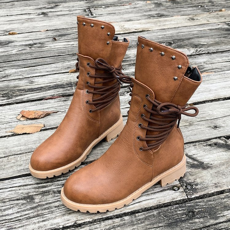 Women's Rivet Roma Boots - Side Lace Chunky Heel Mid Calf Boots (US 4-10.5)