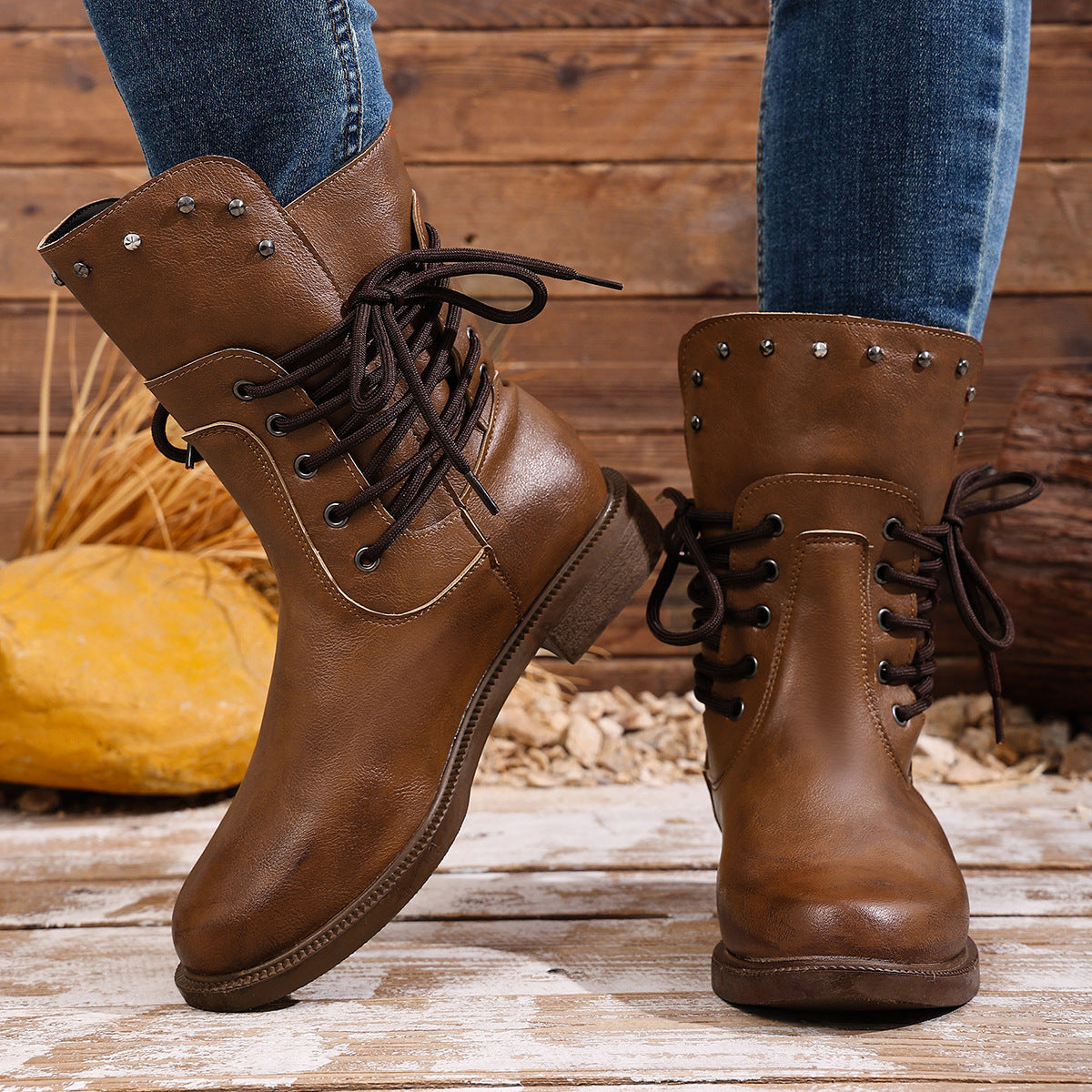 Women's Rivet Roma Boots - Side Lace Chunky Heel Mid Calf Boots (US 4-10.5)
