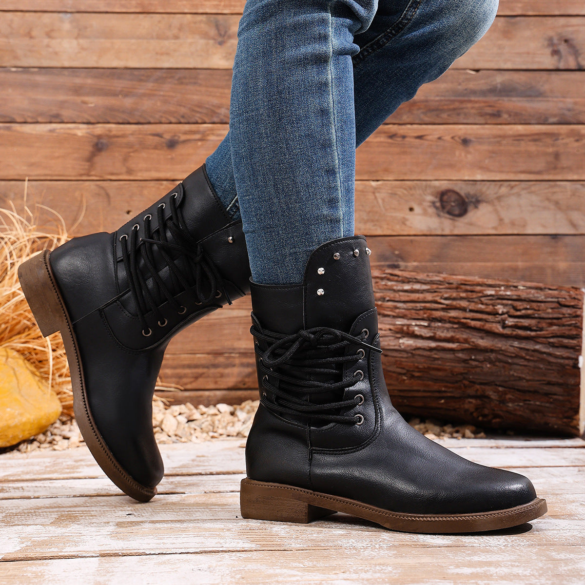 Women's Rivet Roma Boots - Side Lace Chunky Heel Mid Calf Boots (US 4-10.5)
