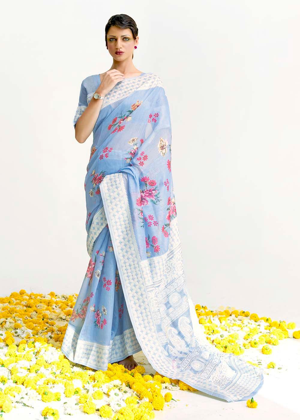 Sky Blue Chikankari Silk Saree with Floral Digital Print | Stitched Blouse - qivii