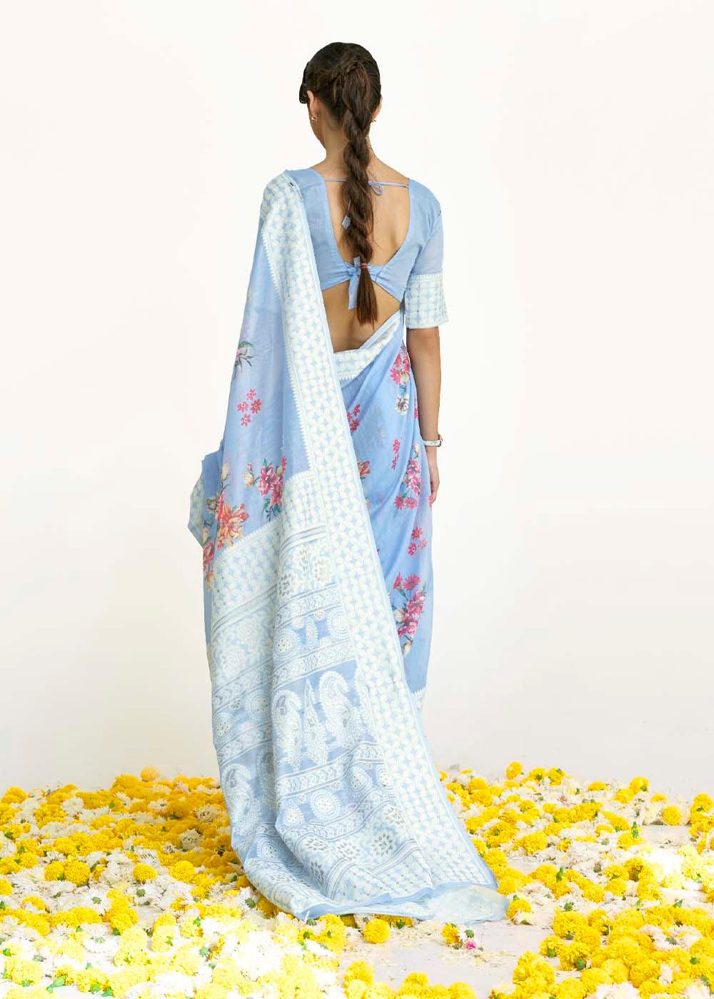 Sky Blue Chikankari Silk Saree with Floral Digital Print | Stitched Blouse - qivii