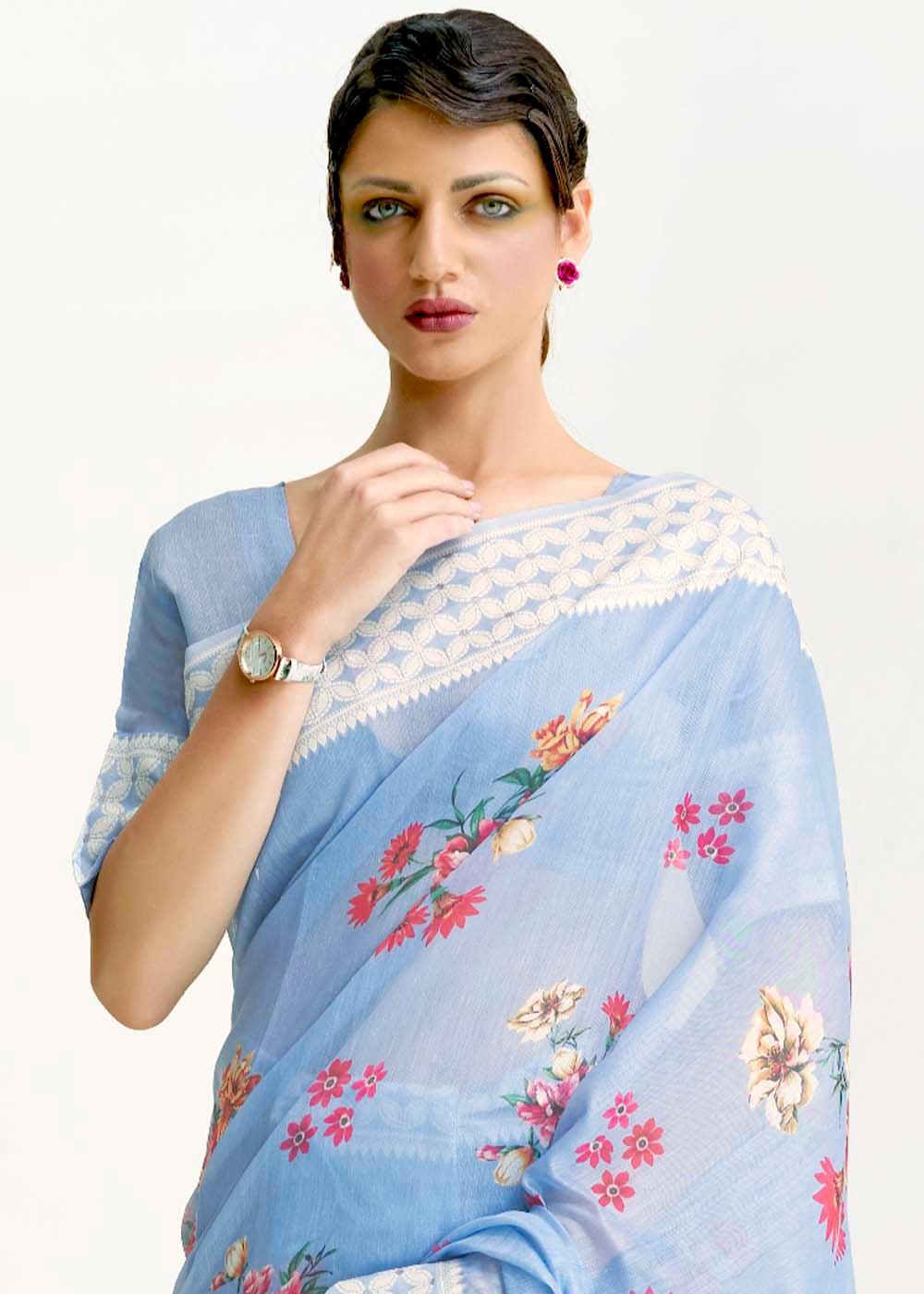 Sky Blue Chikankari Silk Saree with Floral Digital Print | Stitched Blouse - qivii