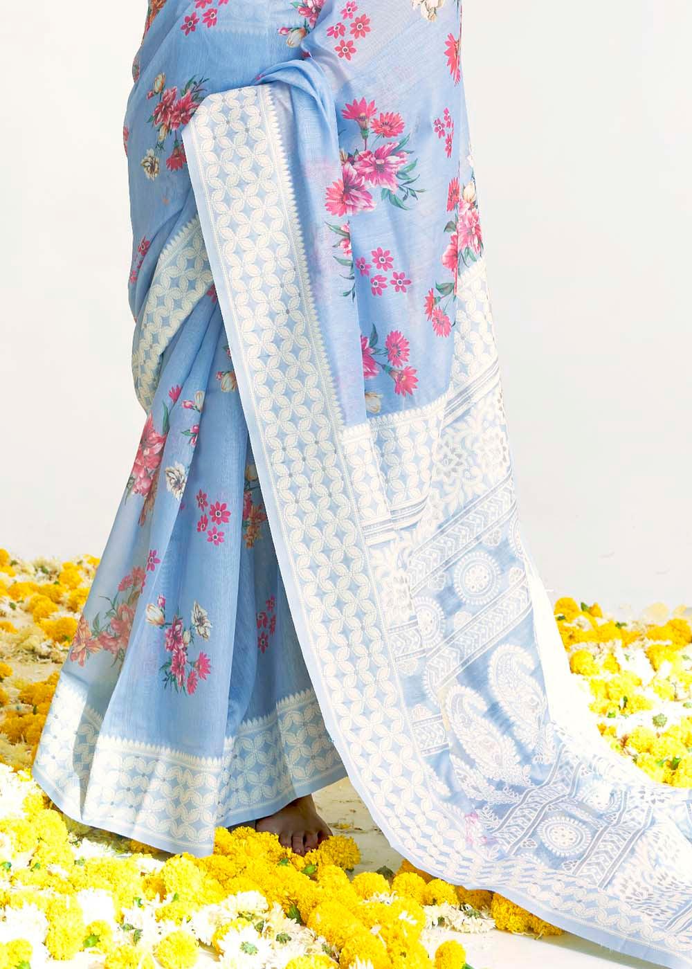 Sky Blue Chikankari Silk Saree with Floral Digital Print | Stitched Blouse - qivii