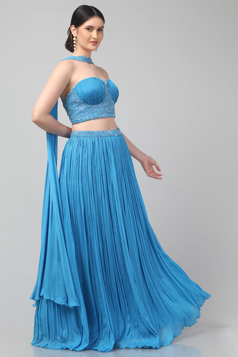 Sky-blue Corset with pleated Skirt & Dupatta