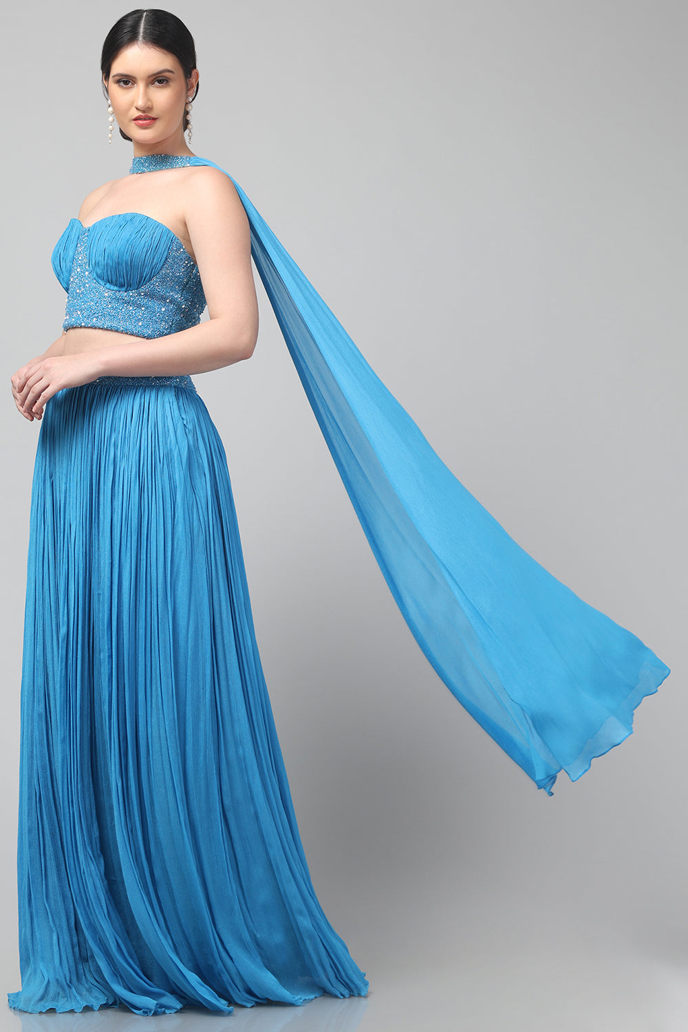 Sky-blue Corset with pleated Skirt & Dupatta