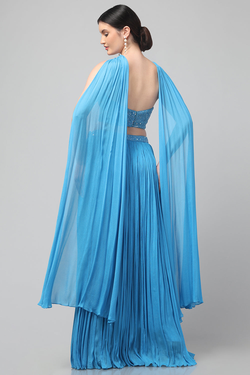 Sky-blue Corset with pleated Skirt & Dupatta