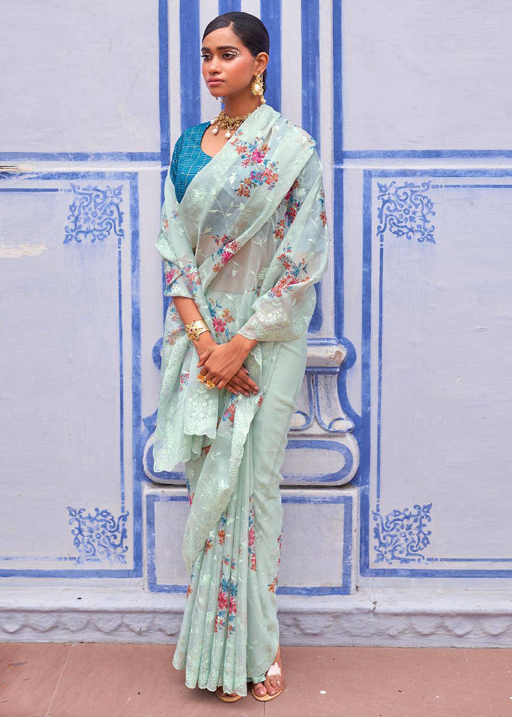 Sky Blue Digital Print Tissue Silk Saree with Embroidery Thread work | Stitched Blouse - qivii