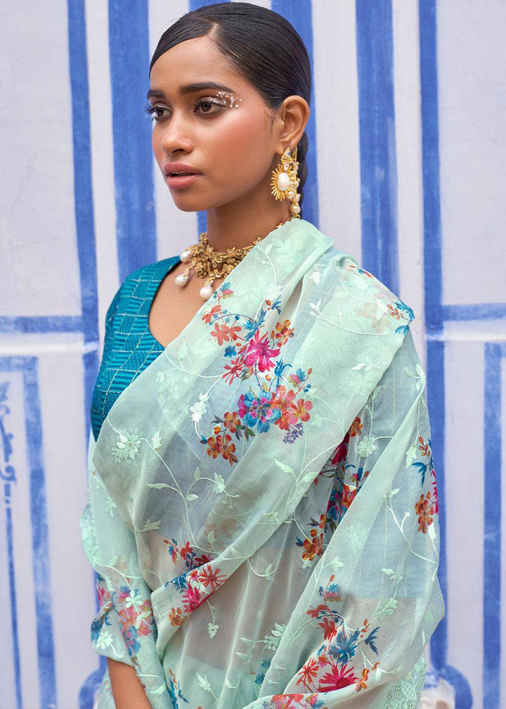 Sky Blue Digital Print Tissue Silk Saree with Embroidery Thread work | Stitched Blouse - qivii