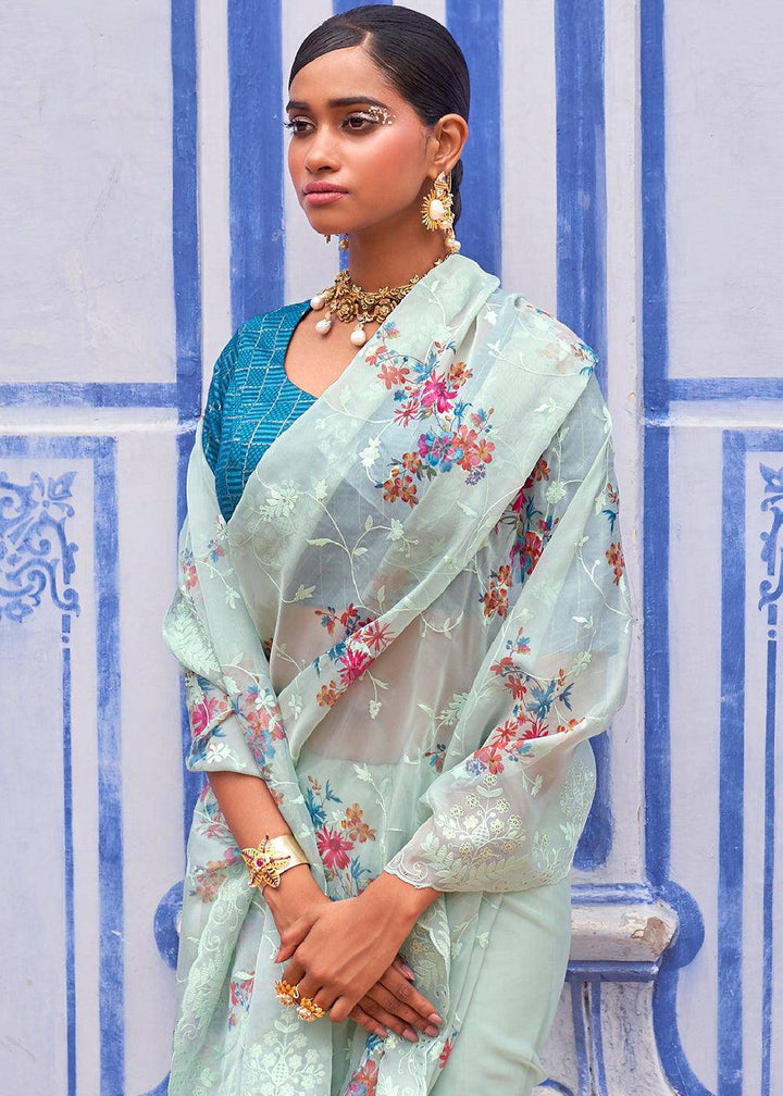 Sky Blue Digital Print Tissue Silk Saree with Embroidery Thread work | Stitched Blouse - qivii