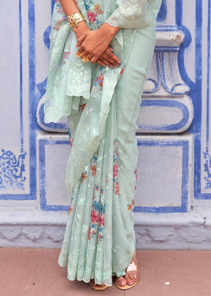 Sky Blue Digital Print Tissue Silk Saree with Embroidery Thread work | Stitched Blouse - qivii