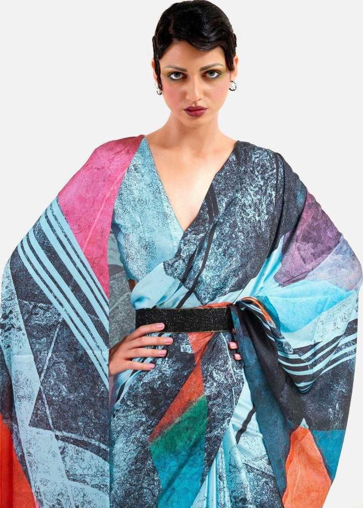 Sky Blue Digital Printed Satin Crepe Saree | Stitched Blouse - qivii