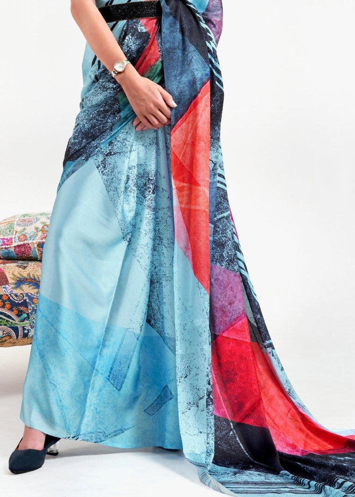 Sky Blue Digital Printed Satin Crepe Saree | Stitched Blouse - qivii