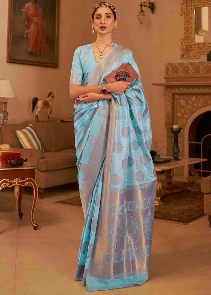 Sky Blue Handloom Weave Banarasi Silk Saree | Stitched Blouse - qivii