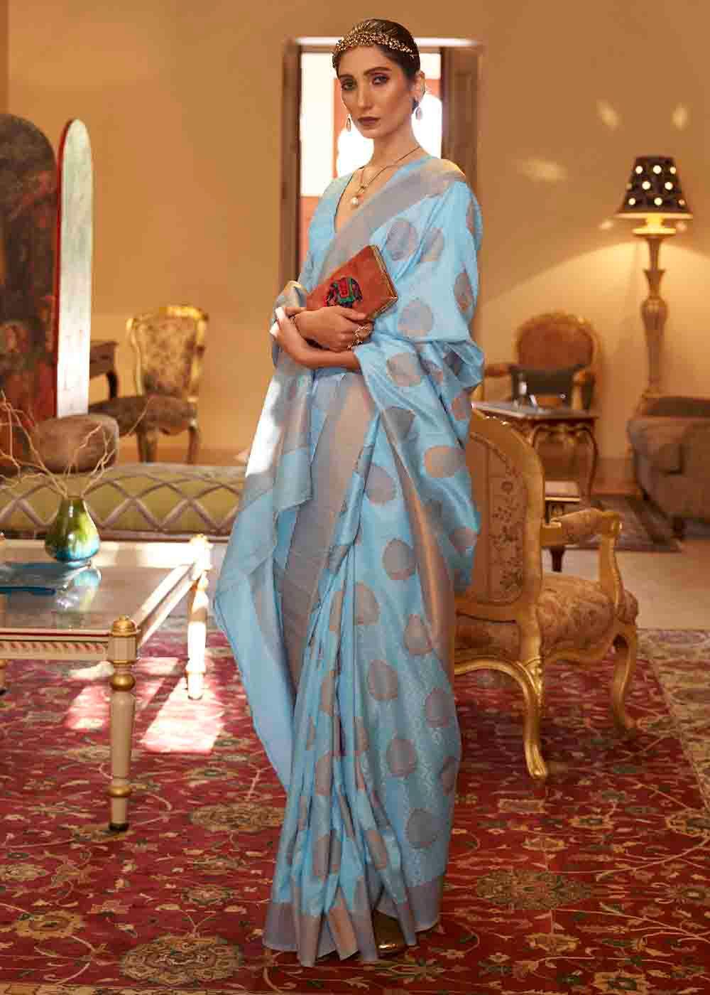 Sky Blue Handloom Weave Banarasi Silk Saree | Stitched Blouse - qivii