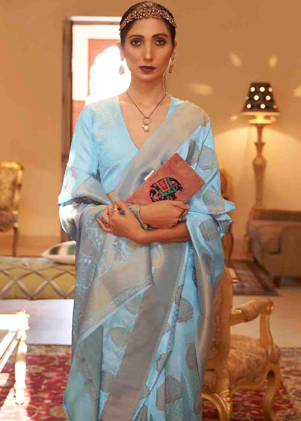 Sky Blue Handloom Weave Banarasi Silk Saree | Stitched Blouse - qivii