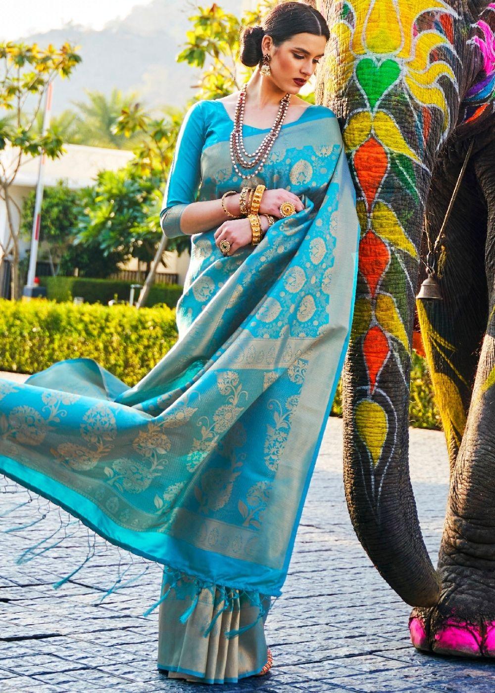 Sky Blue Handloom Weave Kanjivaram Silk Saree | Stitched Blouse - qivii