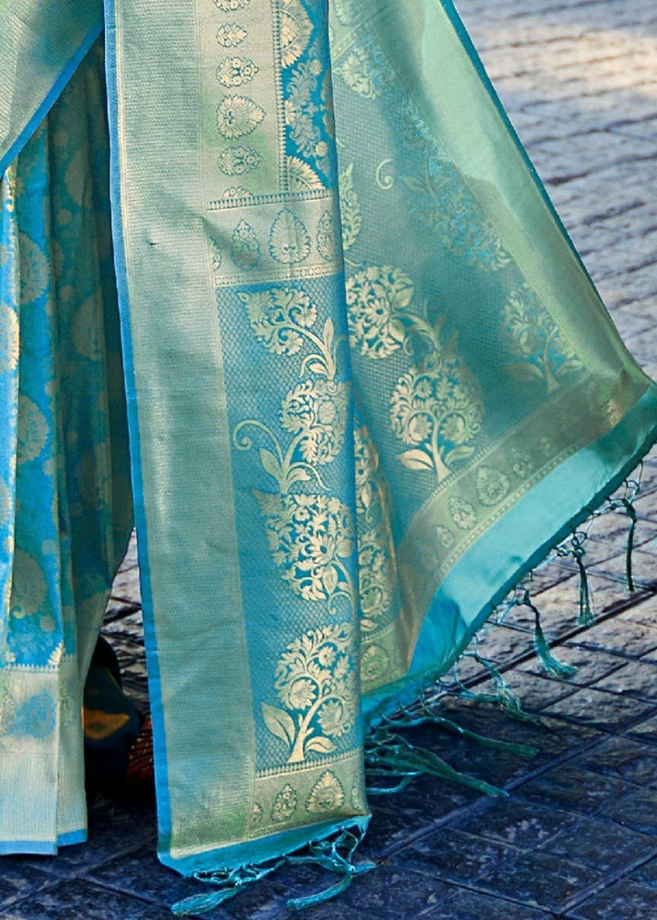 Sky Blue Handloom Weave Kanjivaram Silk Saree | Stitched Blouse - qivii