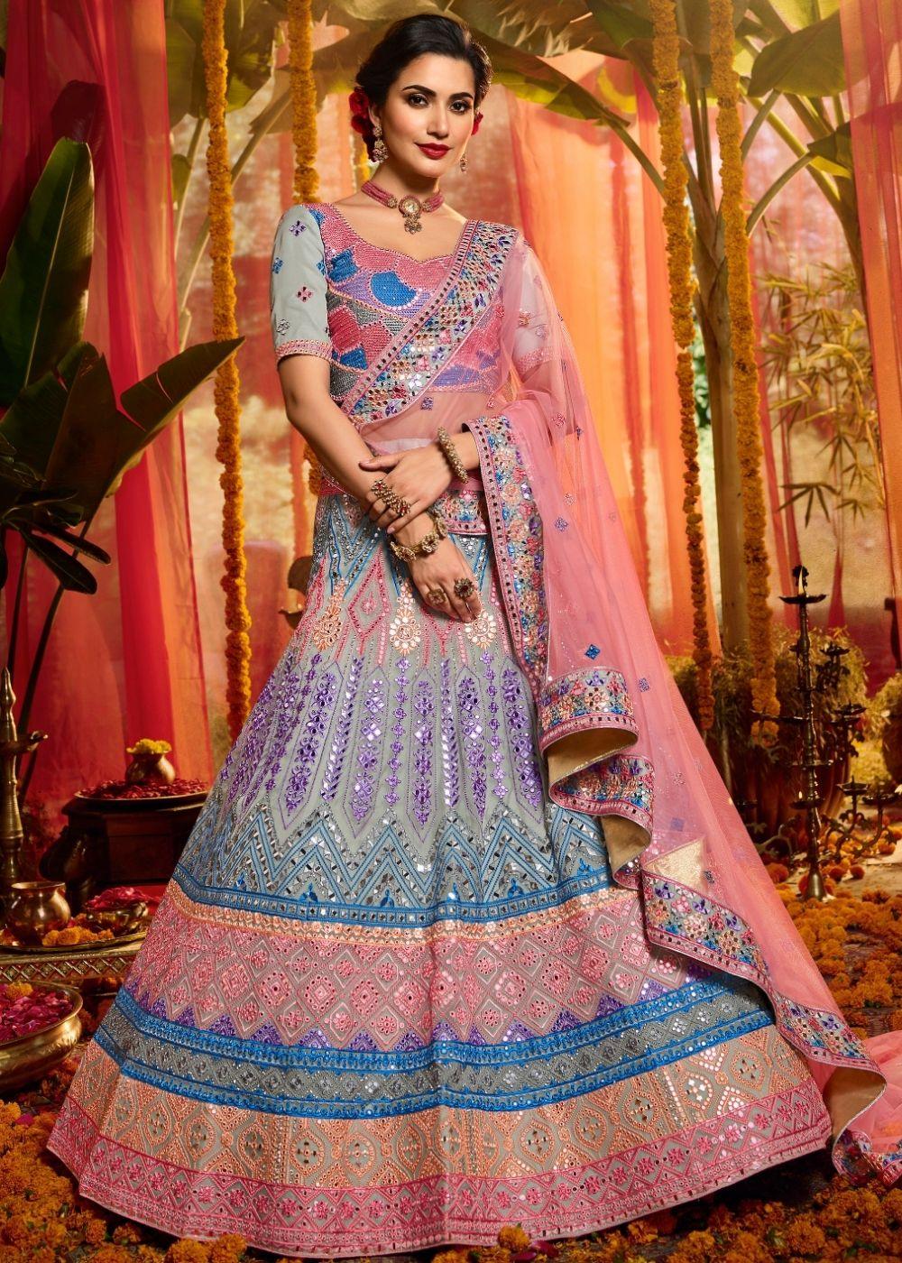 Sky Blue Organza Designer Lehenga Choli with Foil, Mirror, Thread and Zarkan work (Pre-Order) - qivii