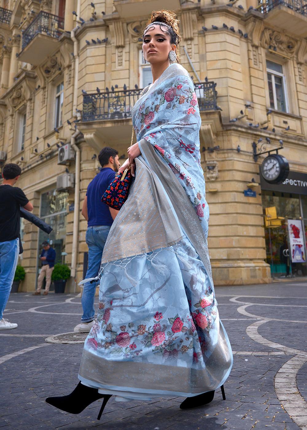 Sky Blue Printed Soft Silk Saree - qivii