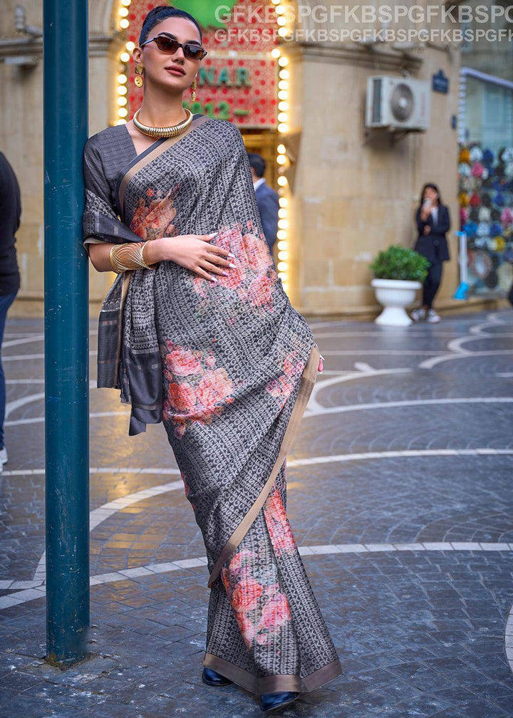 Slate Grey Digital Printed Poly Viscose Saree | Stitched Blouse - qivii