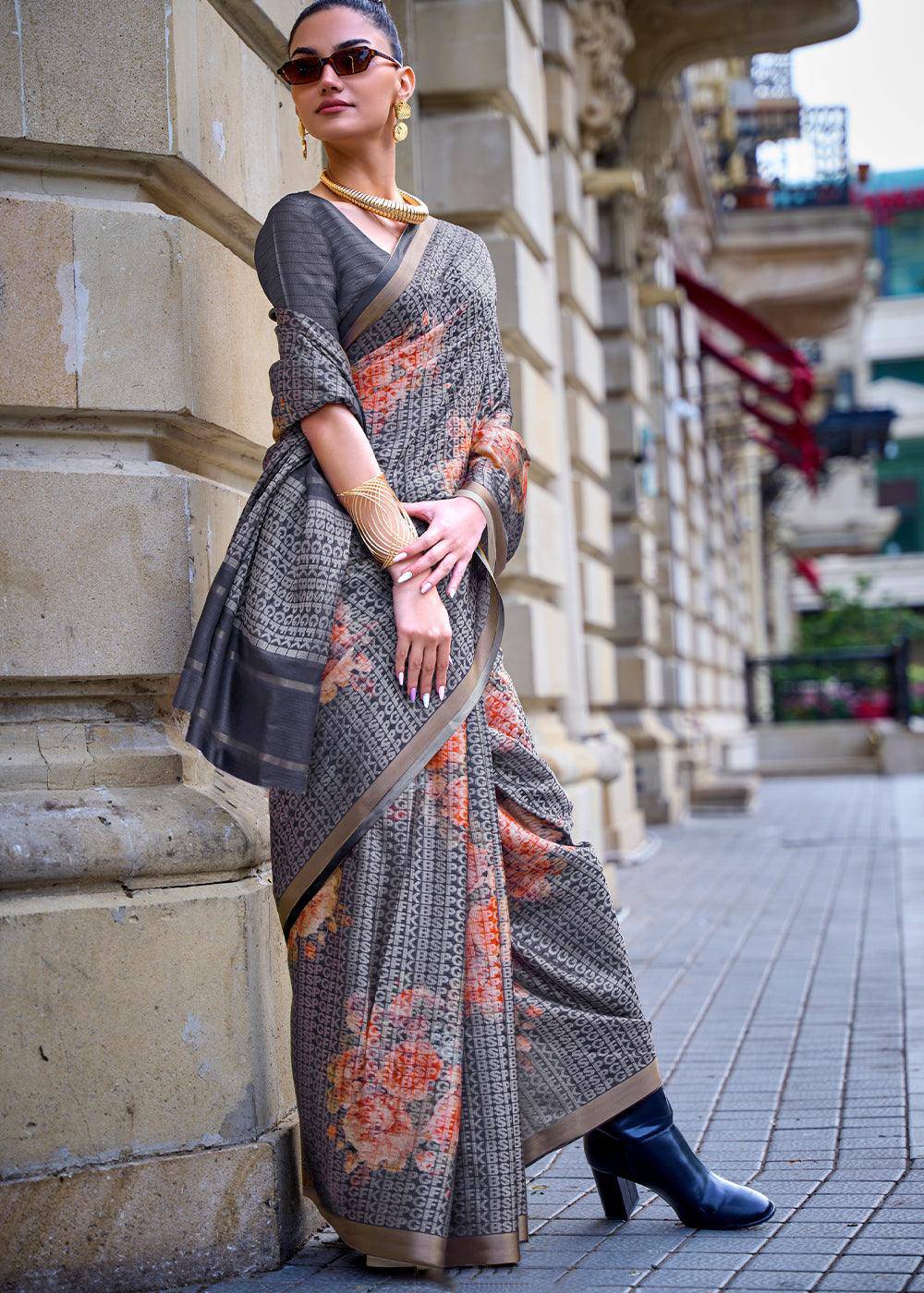 Slate Grey Digital Printed Poly Viscose Saree | Stitched Blouse - qivii