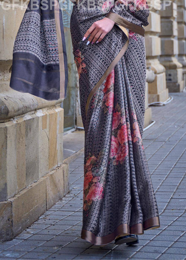 Slate Grey Digital Printed Poly Viscose Saree | Stitched Blouse - qivii