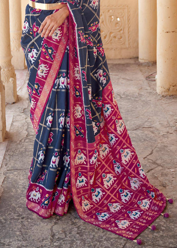 Slate Grey Printed Patola Silk Saree with Zari Border & Tassels on Pallu | Stitched Blouse - qivii